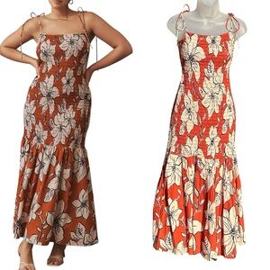 DHRUV KAPOOR Women XS Brown Floral Cotton Sleeveless Square Smocked Maxi Dress.‎